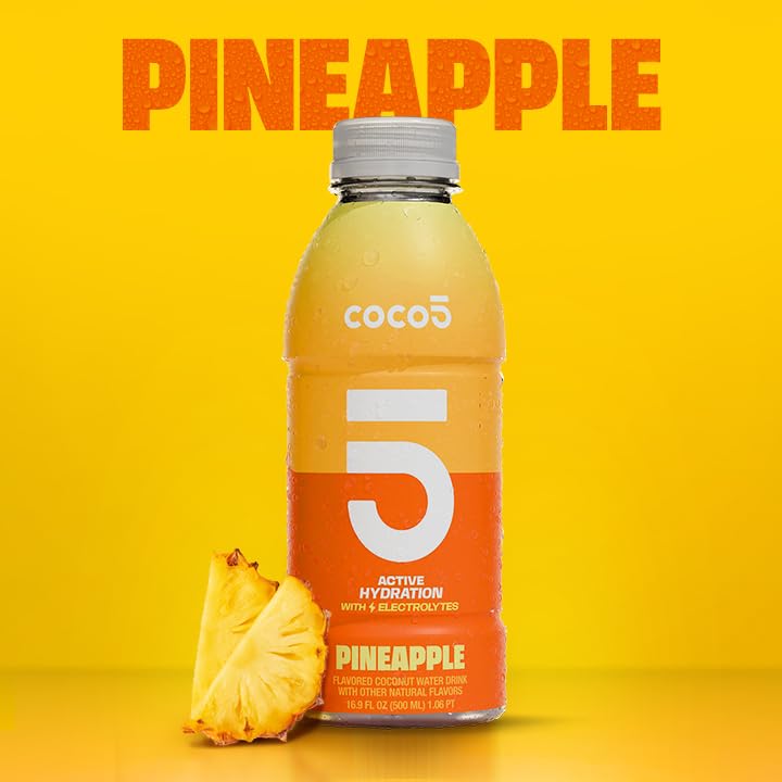 COCO5 Clean Sports Hydration Pineapple Flavor | 100% Natural | 50% Less Sugar | Nothing Artificial | Non-GMO | Gluten Free | Developed by Pro Trainers for Pro Athletes | 16.9 OZ (Pack - 12)