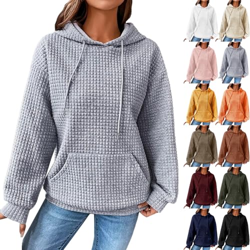 Waffle Hoodies for Women Drawstring Long Sleeve Oversized Hooded Sweatshirt with Pocket Casual Fall Pullover Tops