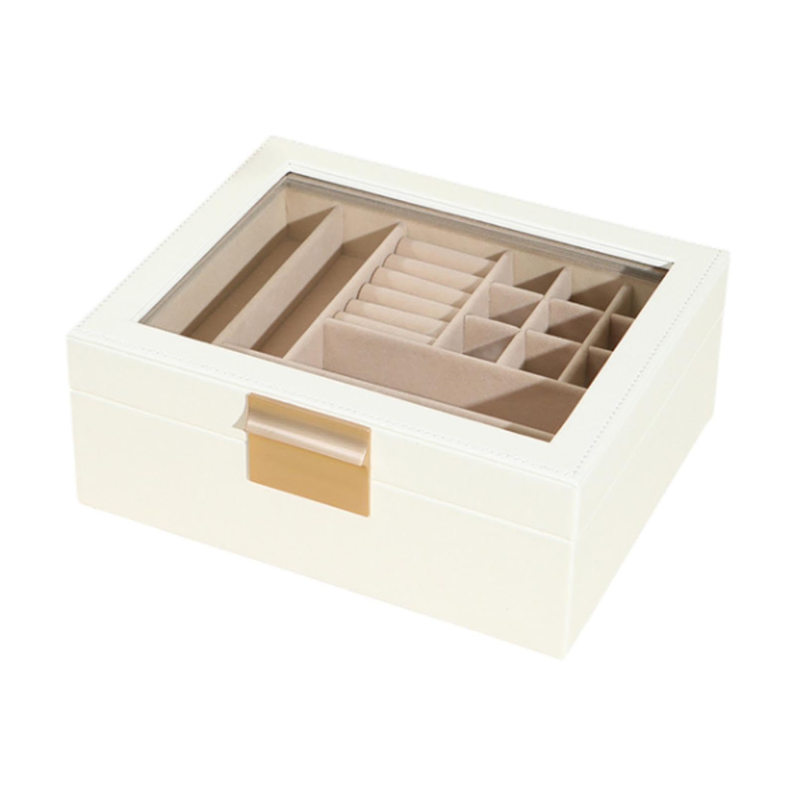 Portagioie da donna, in pelle PU, con coperchio trasparente, per collane, anelli, gemelli, cavigliere, 24 x 19 x 9 cm, bianco