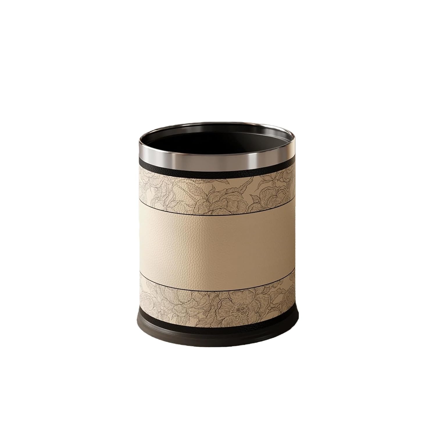 Decorative Metal Wastebasket with Removable Stainless Steel Ring, Double Layer Trash Can Leather Covered Round Wastebasket Dust Bins for Kitchen Bathroom Office(15L)