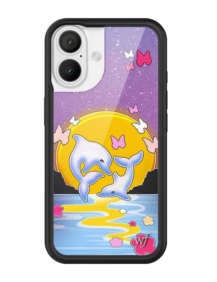 Image of Wildflower Cases - Compatible with iPhone 16 | Protective Black Bumper, 6.5ft Drop Test Certified, Women Owned Small Business | Dolphin Sunset