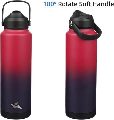 Miniatura 6 de Botella de agua aislada con tapa de pajilla, botella de metal al vacío de acero inoxidable de 40 onzas con mango de silicona, color rojo rosado