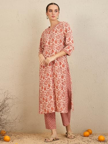 Image of INDO ERA Women's Pure Cotton Printed Straight Kurta & Pant With Dupatta Set