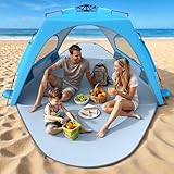 Raynesys Beach Tent Sun Shelter, 3-4 Person Pop Up Beach Canopy, Portable Sun Shade Tent with Carrying Bag for Sands & Outdoor, UPF 30+ UV Protection, Breathable Mesh Window, Sky Blue
