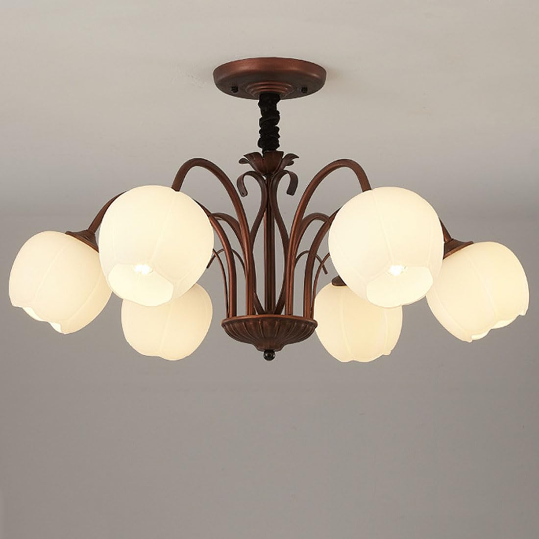 KXEcoLife E27 retro simple country chandelier, American glass ceiling lamp, bedroom for master and living room Dining lighting,6 heads