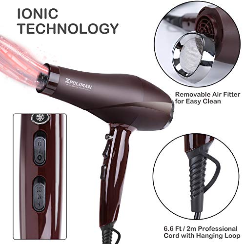 2000 Watt Hair Dryers, Xpoliman Professional Salon Hair Dryer With Ac Motor, Negative Ionic Blow Dryer With Diffuser Concentrator Comb, 2 Speed 3 Heat Settings,Low Noise Long Life Style-Brown/Purple #TOP4
