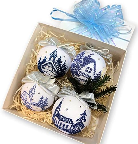 Christmas ornaments Set of 4 Embroidered balls Christmas tree decorations Hanging holiday decor - Christmas village