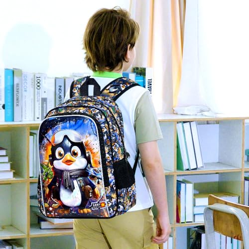 Image of 16 inch Backpack for Boys, 3Pcs Kids Bookbag with Lunch Box, Penguin School Backpacks for Elementary Preschool Kindergarten (Black)