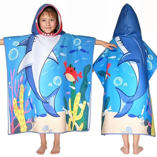 Shark Hooded Towels for Kids, with Backpack, Kids Beach Towel 30'x 25' for 3-10 Years, Shark Gifts for Boys Girls, Toddler Swim Cover Up & Bath Robe for Beach Pool, Soft Microfiber