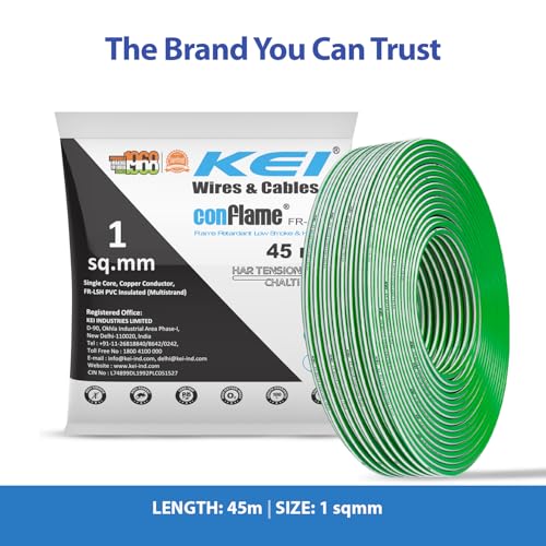 Image of KEI CONFLAME FRLSH 1 sqmm 1 Core Copper Heat Resistant Flame Retardant Low Smoke & Halogen - Lead Free House Wire for Domestic & Industrial Electrical Wiring (Green, 45 Meters)