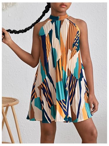 Floerns Girl's Summer Geometric Print Sleeveless Halter Neck Pleated Dress A Line Flowy Short Dress4