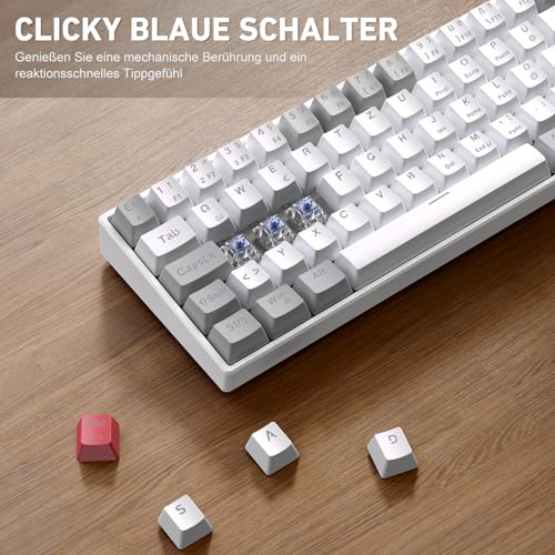 TECURS Mechanische Gaming Tastatur mit Blue Switches (kabelgebunden) - QWERTZ DE Layout, LED Hintergrundbeleuchtung, Kompakte 60% Tastatur für PC/Windows/PS5/PS4 - Weiß und Grau – Bild 3