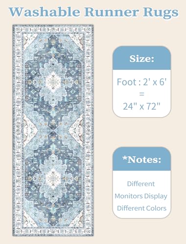 SERISSA Boho Washable Runner Rug, 2x6 Rug Non-Slip Vintage Blue Hallway Kitchen Runner Rug Ultra Soft Print Distressed Floor Carpet for Bedroom Bathroom Laundry Living Room