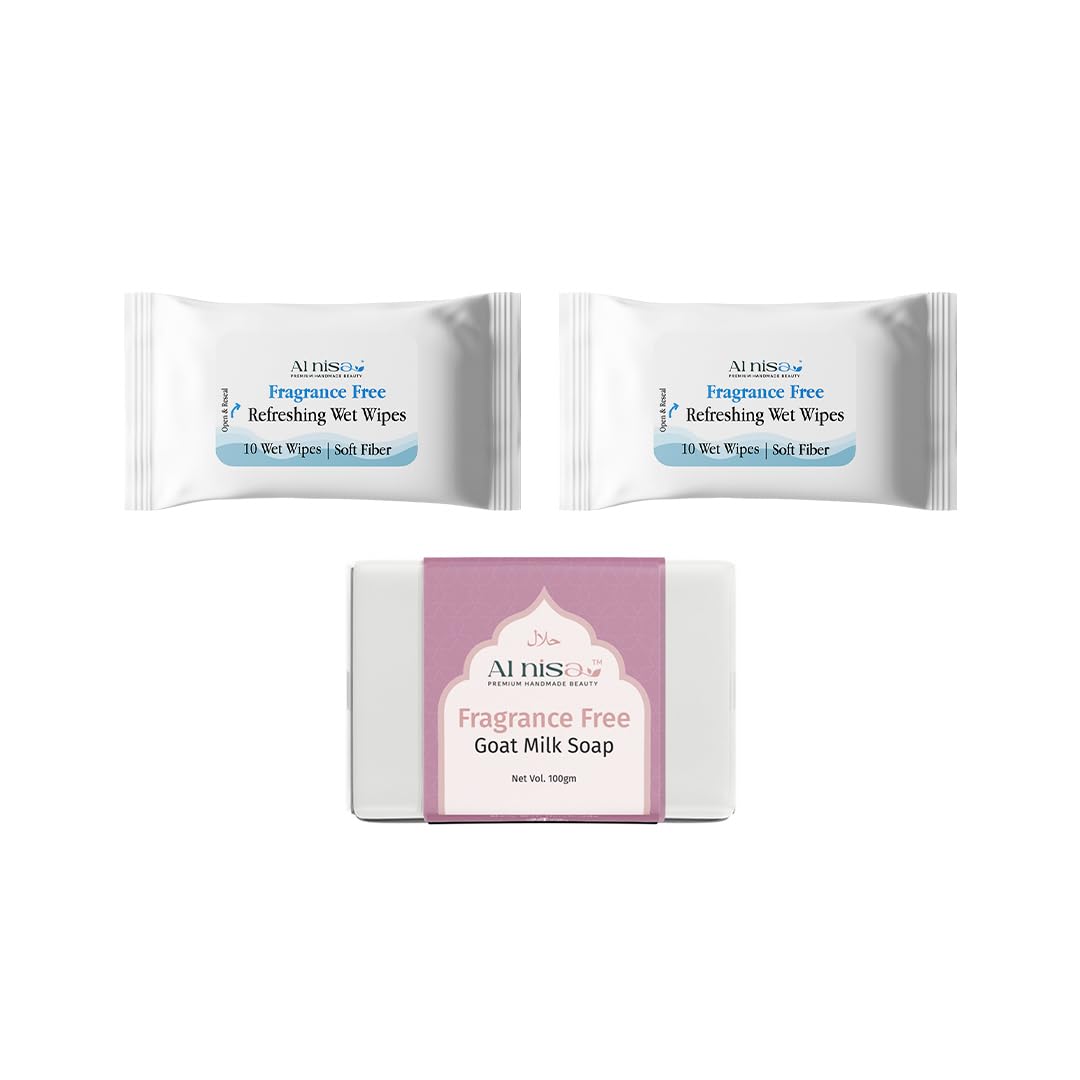 Hajj/Umrah Fragrance Free Kit, Handmade Goat Milk Soap 100gm, Wet Wipes 10 Pieces Set of 2 Pouch Set-image-49
