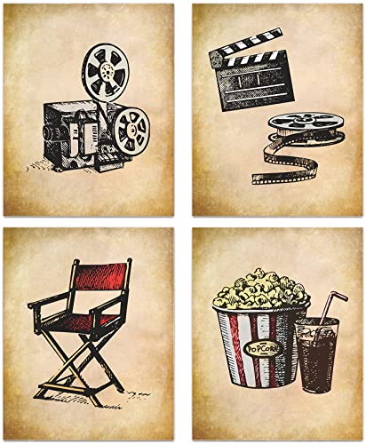 Vintage Movie Theater Wall Art, Home Theatre Feature Canvas Decor, Classic Film Reel Cinema Popcorn Posters, Retro Home Movie Theater Media Room Bar Pub House Decoration, Set of 4-(8"x10" Unframed)