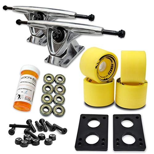 Yocaher Longboard Skateboard Trucks Combo Set 71mm Wheels + 7"/180mm Heavy Duty Aluminum Polished Trucks, Bearing, Riser Pad, and Longboard Hardware Package (Solid Yellow Wheel & Polished Trucks)