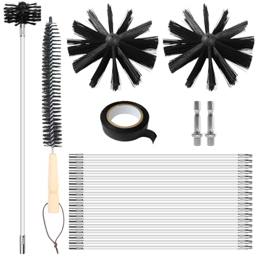 Lvjkes deshollinador de chimeneas, Juego de 24 Piezas para Limpieza con 18 Varillas de 41 cm, 2 Cabezas de Cepillo de 20 cm, 2 a Varilla Hexagonal de 4,5 cm, a Cepillo con Mango de Madera de 38 cm