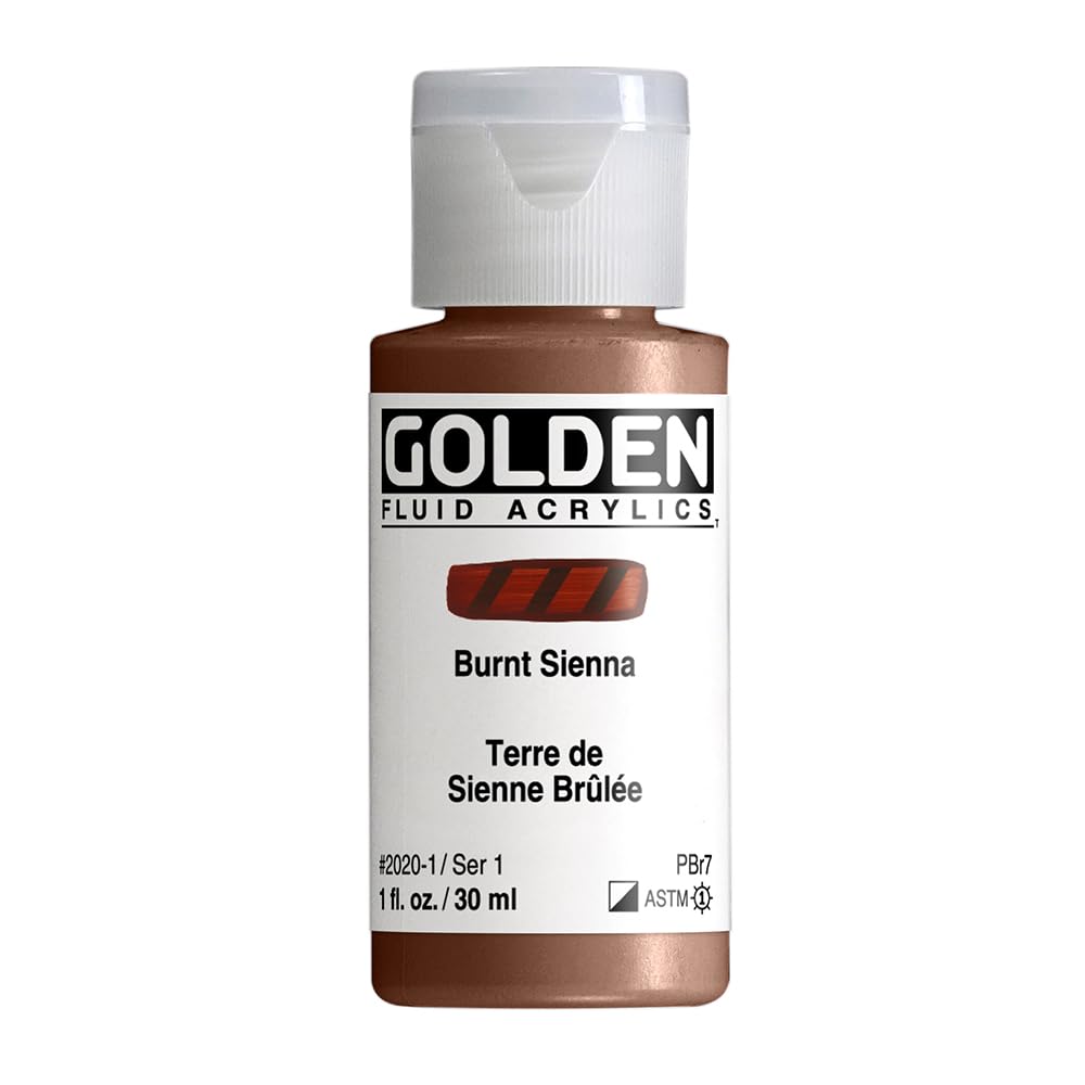 Fluid Acrylics by GOLDEN, Burnt Sienna, 1 fl. oz. Bottle, Professional Acrylic Paint, Semi-Opaque