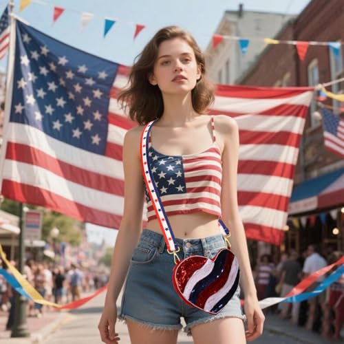 Image of 4th of July Purse for Women Sequin Beaded USA Star Purse American Flag Crossbody Shoulder Bag 4th of July Outfits