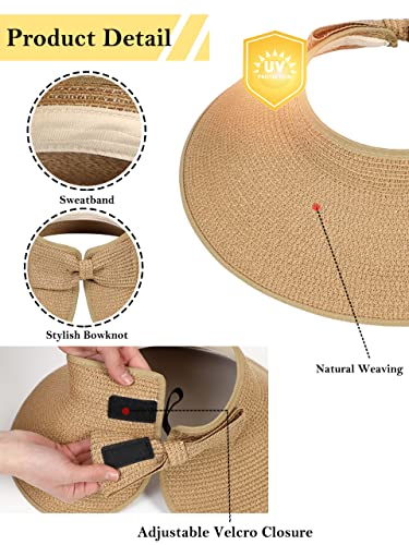Womens Beach Straw Sun Hats Ponytail Hole Wide Brim Summer Visor Foldable Hat Sun Protection Packable for Travel Pool(One Size,Khaki) - image 4