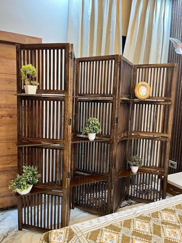 Image of Wooden Partition Divider for Living Room, Partition Wall, Privacy Divider, Freestanding Folding Panels for (6 Feet 5 Panel with 3 Shelve) (6 Feet 6 Panel Brown Melamine with Shelves)