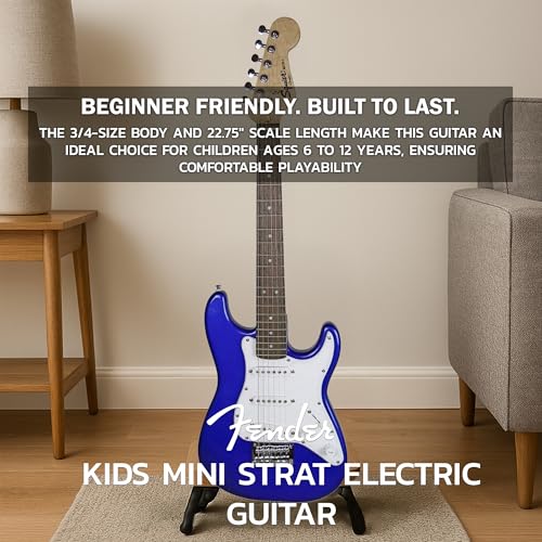 fender squier 34-size kids mini strat electric guitar - blue bundle with amplifier cable tuner strap picks online lessons and austin bazaar instructional dvd