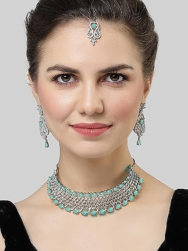 Image of Karatcart Light Green American Diamond Silver Plated Choker Necklace Set for Women