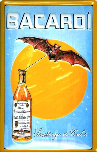 Preisvergleich Produktbild Schild Alu Artdeco Bacardi Santiago de Cuba mit Fledermaus, gelb 300x200mm
