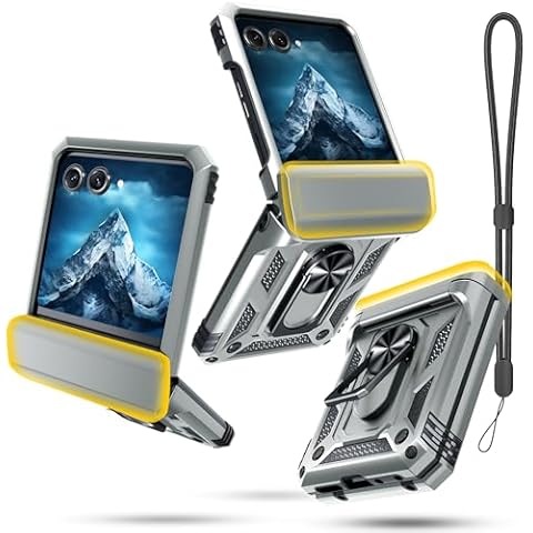 Janmitta Compatible with Moto Razr 2024/Razr+ Plus 2024 Case with Lanyard+Hinge Protection+Finger Ring Holder Kickstand,Dual-Layer Full Body Protective Shockproof Phone Cover,Silver Cover
