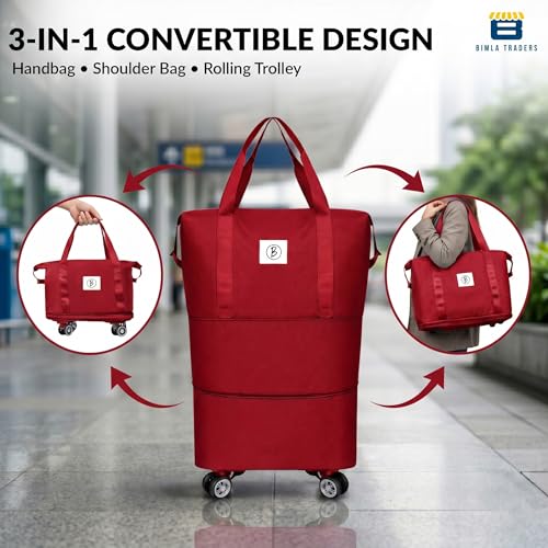 Image of Btag Travel Duffle Bag with Wheels | Convertible Handbag, Trolley & Shoulder Luggage for Clothes | Space-Saving Foldable Travel Companion | Expandable & Waterproof Traveling Bag for Unisex (Wine Red)