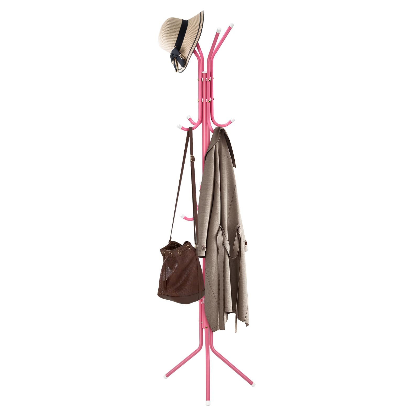 CROWNSHOP Coat Rack Modern Clothes Rack Metal Hanger with 12 Hooks Coat Stand 3 Tier Freestanding Storage Holder Hat Handbag Jacket Umbrella Hanging Organiser for Living Room Bedroom Pink 175CM