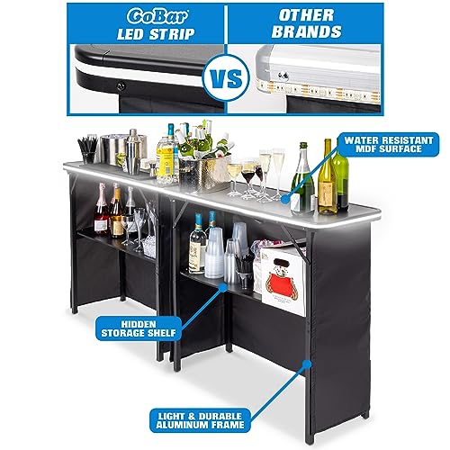 Image of GoBar Portable Double Bar Table Set with Multi-Color LED Lights - Mobile Bartender Station for Events - Includes Carrying Case