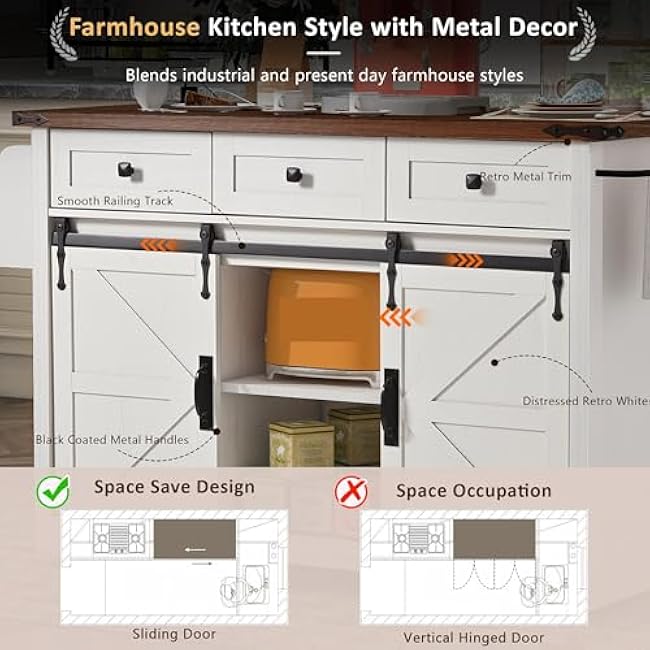 53.7 Farmhouse Kitchen Island with Power Outlet, 2 Sliding Barn Door Kitchen Storage Island with Drop Leaf, Spice Rack Rolling Kitchen Cart on Wheels,for Kitchen(White)-pABDBcis