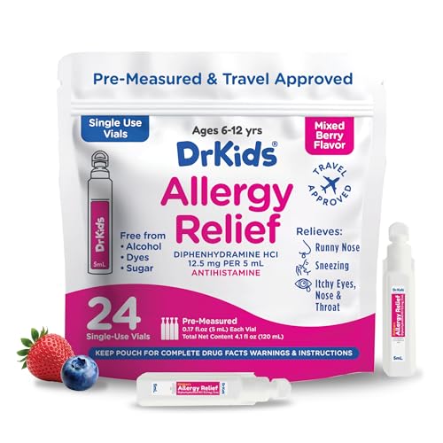 Image of Dr. Kids Children's Allergy Relief Medicine with Diphenhydramine HCl 12.5 mg - Pre-Measured Single-Use Vials, Kids Antihistamine for Sneezing, Runny Nose & Itchy Eyes, Mixed Berry Flavor, 24 Count