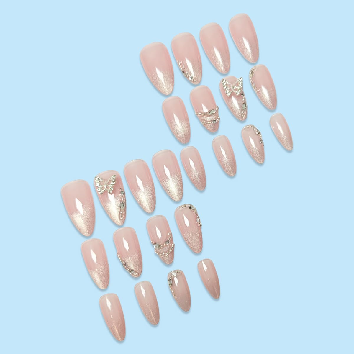 Künstliche Nägel zum Aufdrücken, silberfarbene Strasssteine, mittlere Mandel, Schmetterlings-Edelsteine, Glitzer, volle Abdeckung, Acryl, französische Spitze, zum Aufkleben, Farbverlauf, Rosa