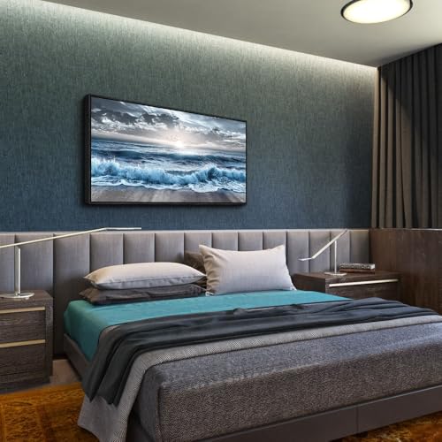 ERQINHUA Large Canvas Wall Decor For Bedroom Wall Art For Living Room Office Decor Blue Beach Sea Wave Paintings Sunrise Ocean Seascape Wall Pictures Artwork Modern Home Decor Black Frame 24x48 In by ERQINHUA - Used condition - Image 7