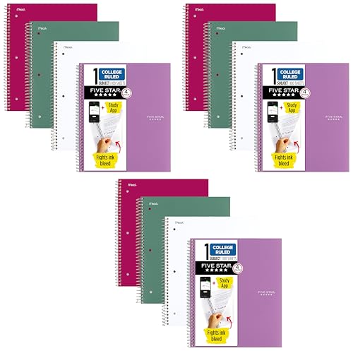 Image of Five Star Spiral Notebook + Study App,100 Sheets,1 Subject,College Ruled Paper,Fights Ink Bleed,Water Resistant Cover,820337-ECM,Purple,Pink,White & Green,8-1 /2 inch x 11 inch,4 Count (Pack of 3)