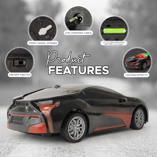 Image of 3D LED High Speed Rechargeable Remote Control Car for Kids, RC Racing Vehicle with Bright Lights, 2 AA Battery Controller (Black)