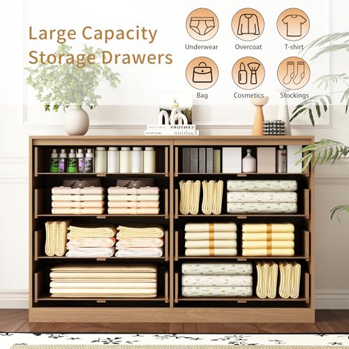 8 Drawer Dresser for Bedroom, Modern Fluted Double Dresser, 55" Wide Chest of Dressers, Mid Century Wooden Beside Table for Closet, Living Room and Entryway, Natural - Image 6