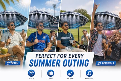 Image of Fan & Mist Umbrella Portable Cooling System | For Summer with Built-in Fan and Spray | UV Protection Umbrella for Outdoor Travel