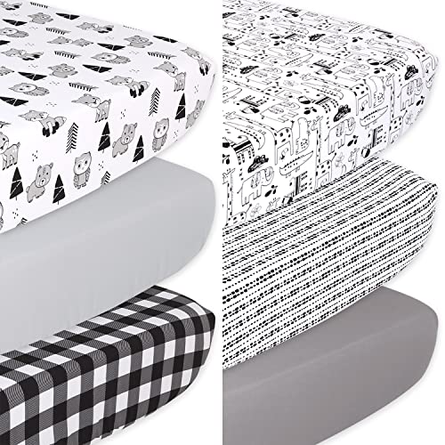 Image of The Peanutshell Woodland and Zoo Animals Fitted Crib Sheets | Unisex 6 Pack | Black, Grey