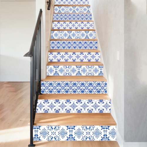 Hobbspring Calcomanías de escalera con temática de Marruecos, 15 unidades, color azul mediterráneo, lisas, 39.37 x 7.09 pulgadas, a prueba de agua, PVC, decoración de escaleras para escalones, piscina