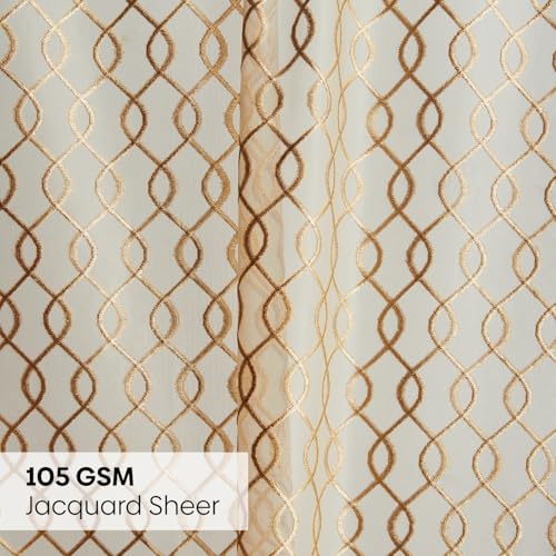 Image of haus & kinder Jacquard Sheer Window Curtains 5 Feet Long Pack of 2 Window Curtains, 5 Feet Curtains for Window, (Abstract Geometric Design, Sandstone Weave, 114x152cm)