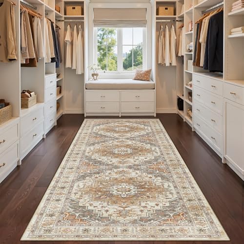 Madane 4x12 Wide Hallway Runners: Washable 12ft Runner Rug for Entryway Living Room Soft Vintage Non Slip Carpet Runner for Kitchen Dining Room Nursery Bedroom Thin Area Rug (Turmeric/Grey, 4x12ft)
