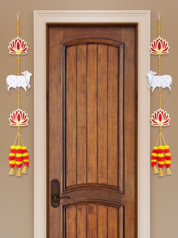 JH Gallery Lotus with Pichwai Cow Wall and Door Hanging - Home Decor | Pooja Decor | Diwali Decor | Wedding and All Festival Decor | Decorative Pooja Room Temple Decoration (30'' Height - 1 Pair)