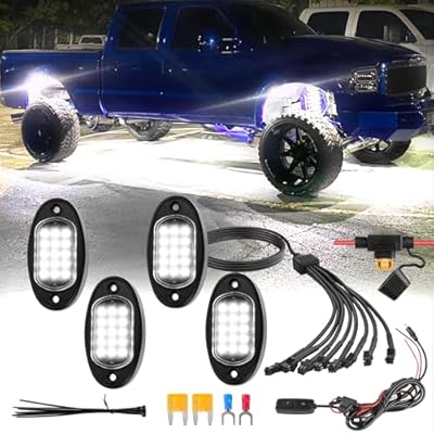 ZONECONA 4Pods Pure White LED Rock Lights Kit with Switch Wiring Harness Extension Wire, 6000K 15LEDs Neon Underglow Light 12V Fender Lights for Trucks Jeep Golf Carts ATV UTV SUV SXS Off Road