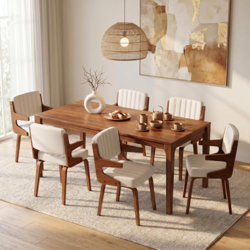 Image of Dining Chairs Set of 6,Mid Century Modern Walnut Kitchen Chairs,Beige