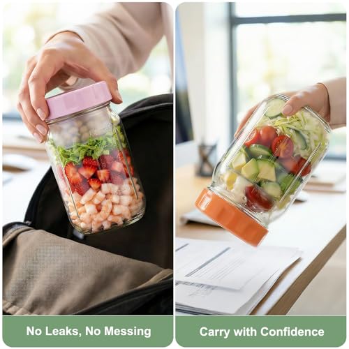 Image of Salad Jars with Lids Meal Prep Containers Glass - 32oz Leakproof Mason Jars Salad Containers with Dressing Cup for Lunch Bentgo, Full Meal Salads Lunch Containers with Spoon Forks for Adults