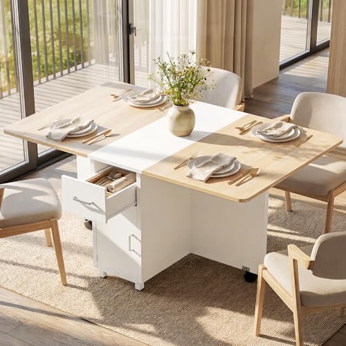Folding Dining Table with Wheels Space Saving Drop Leaf Kitchen Table with Storage Cabinet Expandable Movable Furniture for Small Apartment Natural