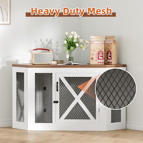 Xilingol Corner Dog Crate Furniture, Wooden Dog Kennel End Table with Mesh, Cage/House for Small Medium Large Dog, Decorative Pet Crate Indoor Use